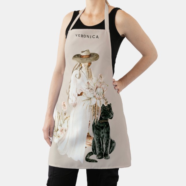 Safari Wild Leopard Boho Lady Personalized Beige Apron (Insitu)