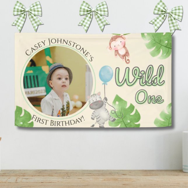 Safari Wild One 1 Photo Watercolor 1st Birthday  Banner (Creator Uploaded)