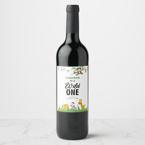 Safari Wild One 1st Birthday Cute Kawaii  Wine Label