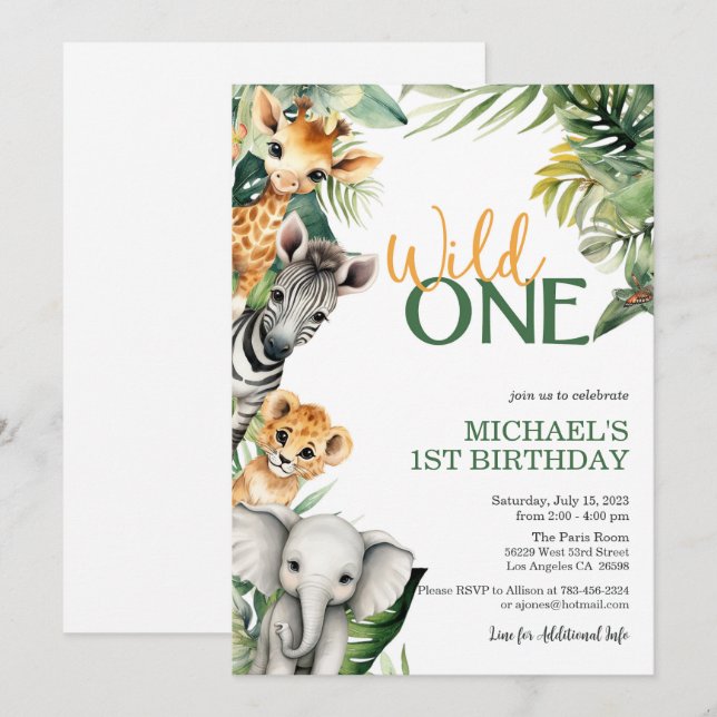 Safari Wild One 1st Birthday Invitation (Front/Back)