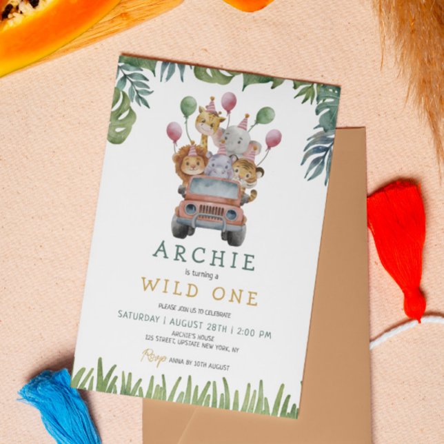 Safari Wild One 1st Birthday Jungle Animals  Invitation (1st Birthday Safari Zoo Animals Jungle invitation template party animals watercolor cute kids)