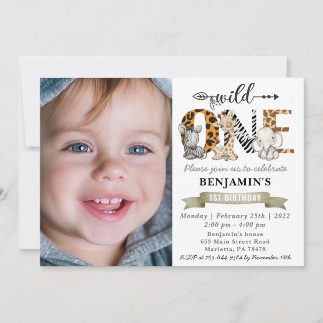 Safari Wild One 1st Birthday with Your Photo Invit Invitation (Front)