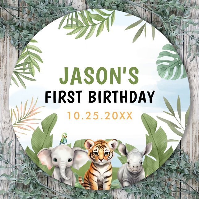 Safari Wild One 1st Boy Birthday  Classic Round Sticker (Creator Uploaded)