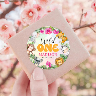 Safari Wild One 1st Girl Birthday Classic Round Sticker