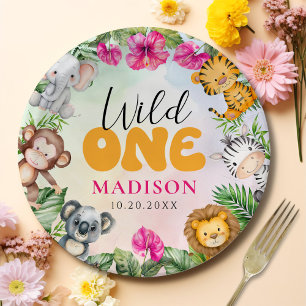 Safari Wild One 1st Girl Birthday Paper Plates