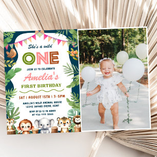 Safari Wild One 1st Girl Birthday Photo Invitation