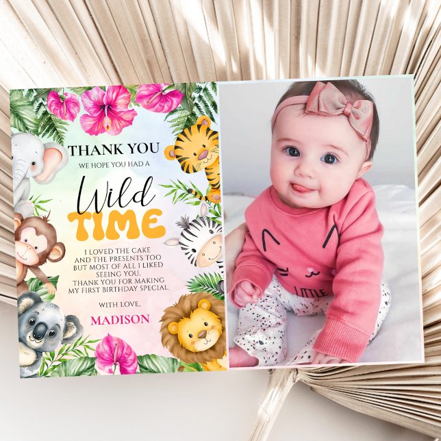 Safari Wild One 1st Girl Birthday Photo Thank You Card (Creator Uploaded)