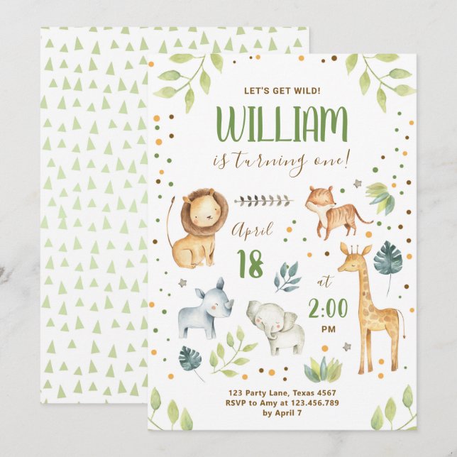 Safari Wild One Animals Jungle Zoo Boy Birthday Invitation (Front/Back)