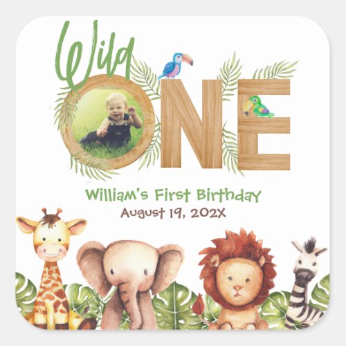 Safari Wild One Animals Wood First Birthday Photo  Square Sticker