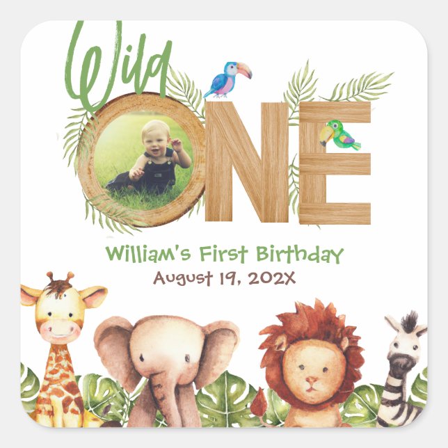 Safari Wild One Animals Wood First Birthday Photo  Square Sticker (Front)