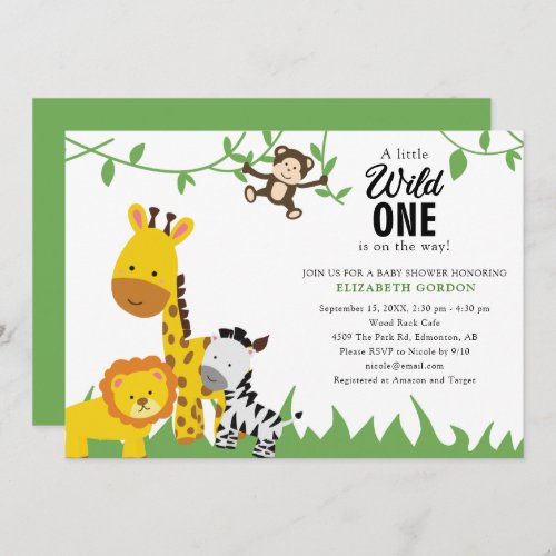 Safari Wild One Baby Shower Jungle Animals Cute Invitation