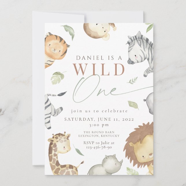 Safari wild one birthday  invitation (Front)