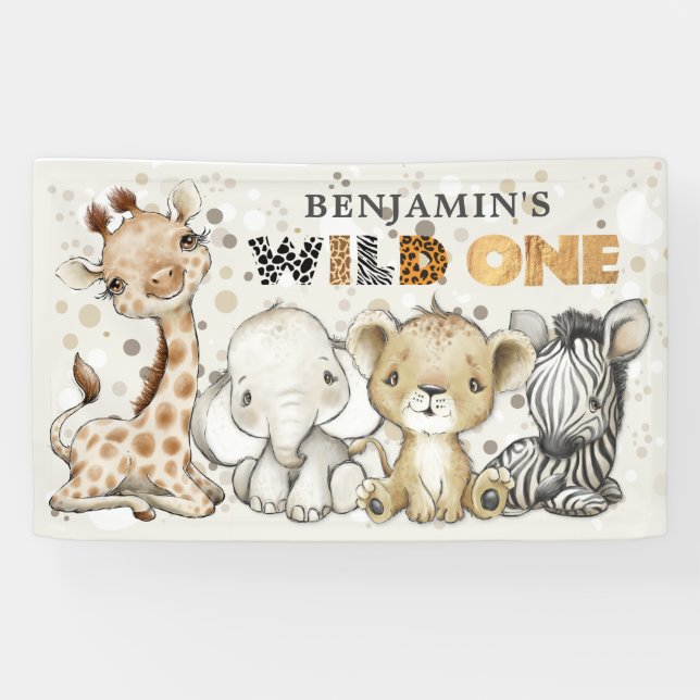 Safari Wild One Birthday Lion Elephant Giraffe Banner (Horizontal)
