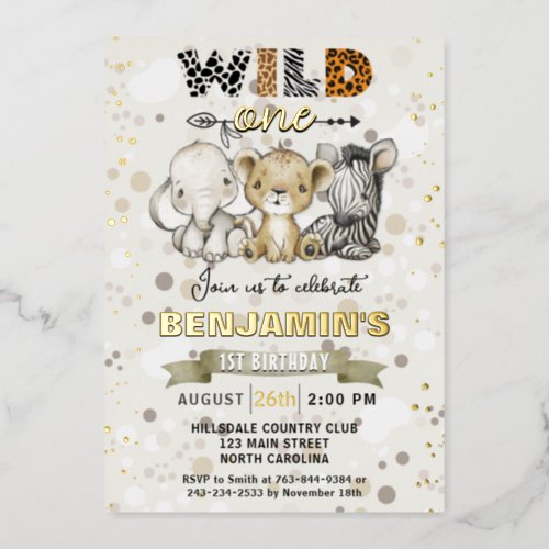 Safari Wild One Birthday Party Real Gold Foil  Foil Invitation