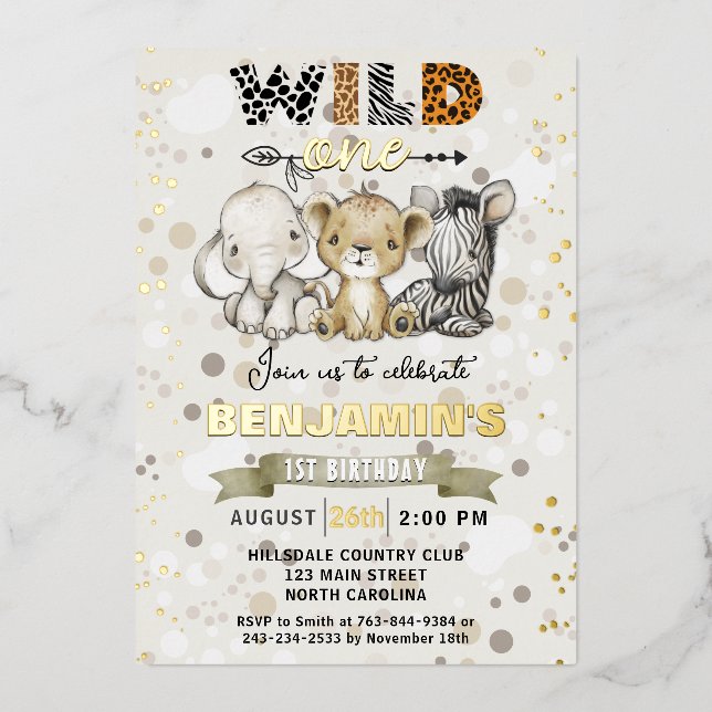 Safari Wild One Birthday Party Real Gold Foil  Foil Invitation (Front)