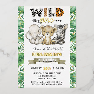 Safari Wild One Birthday Party Real Gold Foil Invi Invitation