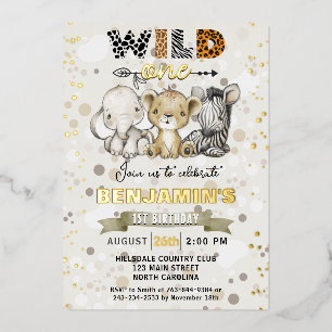 Safari Wild One Birthday Party Real Gold Foil Invitation