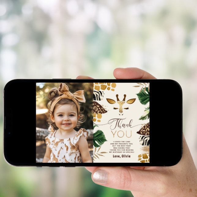 Safari Wild One birthday photo thank you card (Front Digital)