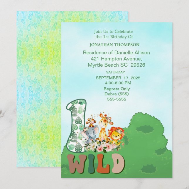 Safari Wild One Blue Green Birthday Party   Invitation (Front/Back)