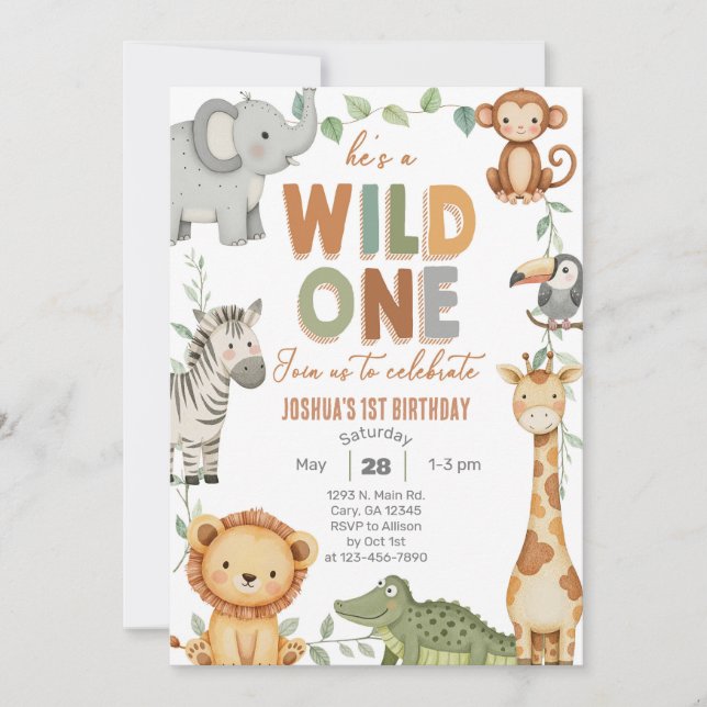 Safari Wild One boy 1st birthday invite. Invitation (Front)
