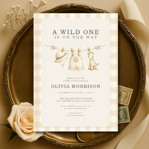 Safari Wild One Clothesline Gingham Baby Shower Invitation
