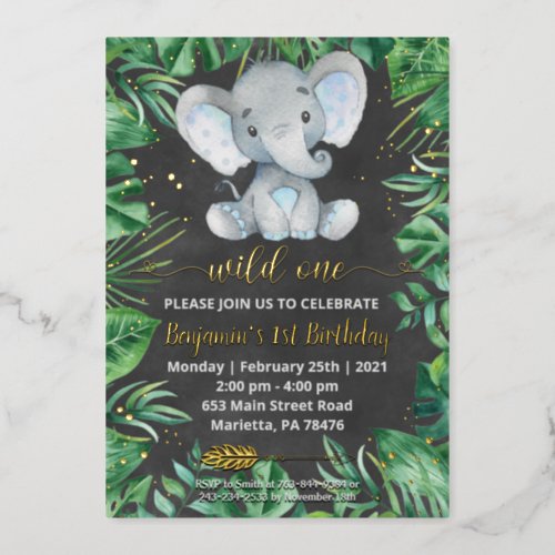 Safari Wild One Elephant Birthday Party Real  Foil Invitation