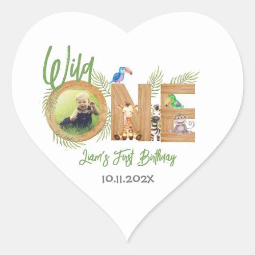 Safari Wild One First Birthday Photo Animals Wood  Heart Sticker