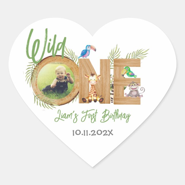 Safari Wild One First Birthday Photo Animals Wood  Heart Sticker (Front)