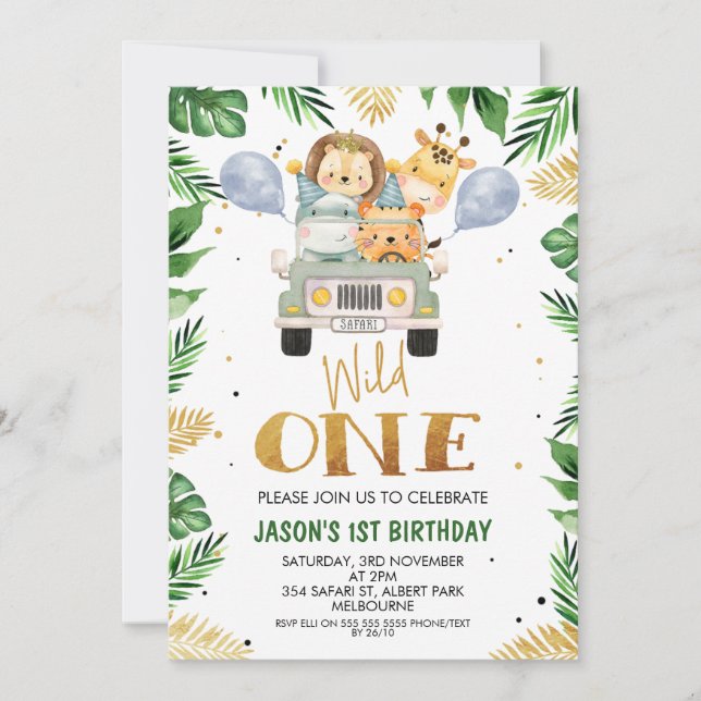 Safari Wild One foliage Birthday Invitation (Front)