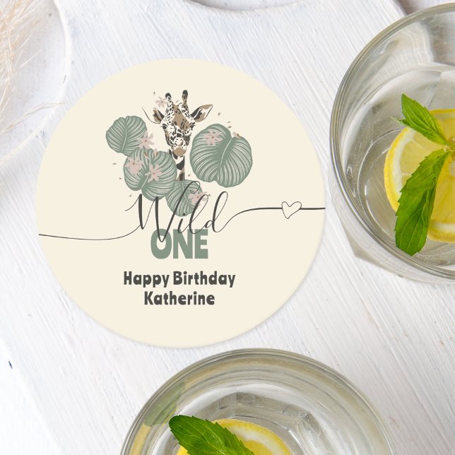 Safari Wild One Giraffe Animal Birthday Round Paper Coaster (Creator Uploaded)