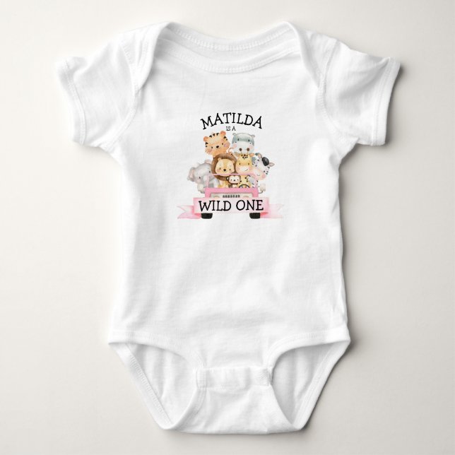 Safari Wild One Girl 1st Birthday  Baby Bodysuit (Front)