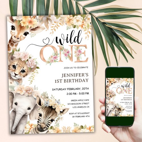 Safari Wild One Girl 1st Birthday Invitation