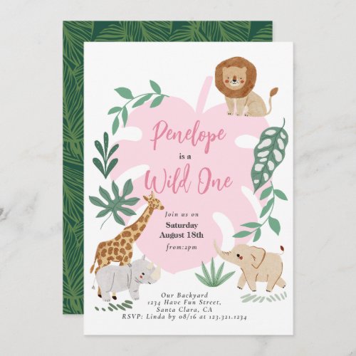 Safari Wild One Girl 1st Birthday Invitation