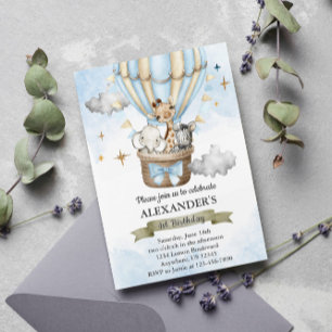 Safari Wild One Hot Air Balloon Birthday Party Invitation