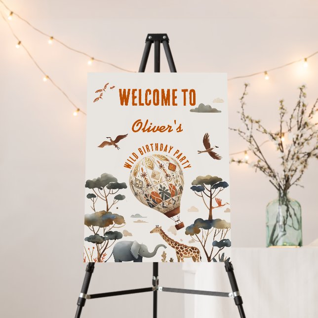Safari Wild One Hot Air Balloon Birthday Welcome Foam Board (In Situ (Stand))