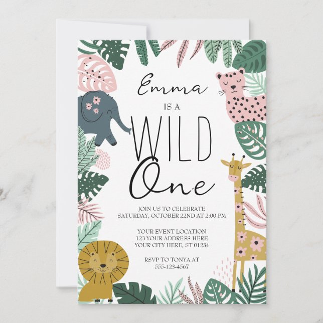 Safari Wild One Invitation, Jungle First Birthday Invitation (Front)