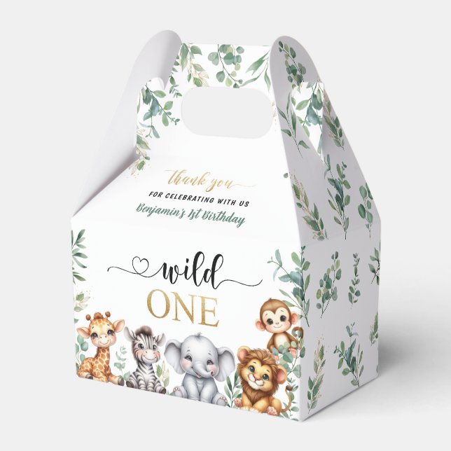 Safari Wild One Jungle Animals 1st Birthday Favor Boxes (Front Side)
