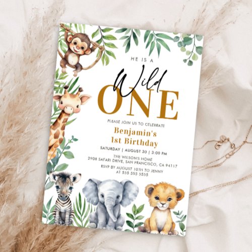 Safari Wild One  Jungle Animals 1st Birthday Invitation