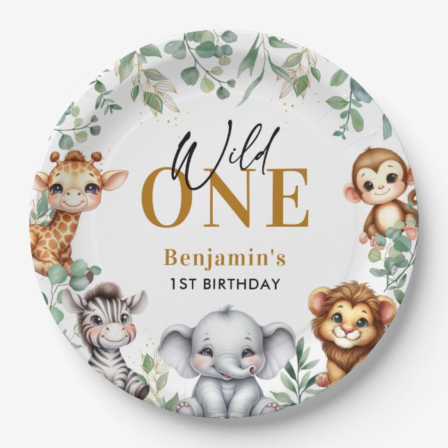 Safari Wild One | Jungle Animals 1st Birthday Paper Plates (Front)