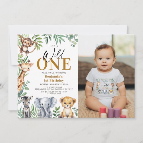 Safari Wild One Jungle Animals 1st Birthday Photo Invitation