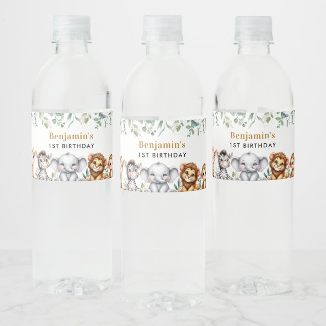 Safari Wild One Jungle Animals 1st Birthday Water Bottle Label (Bottles)