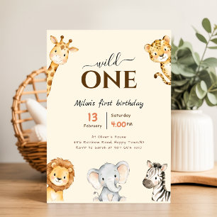 Safari Wild One   Jungle Animals Boy 1st Birthday Invitation