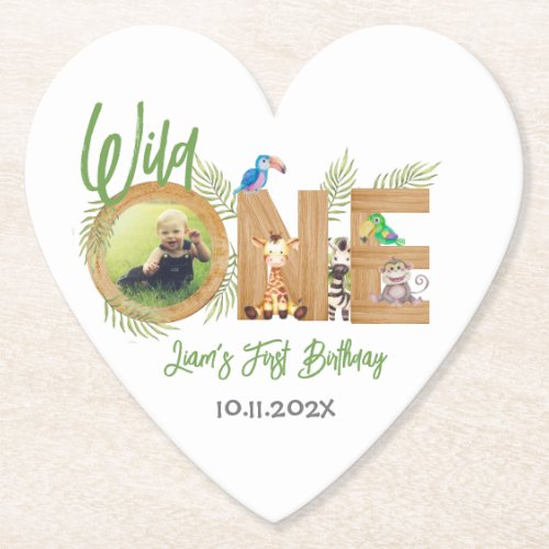 Safari Wild One  Photo First Birthday Animals Wood Paper Coaster