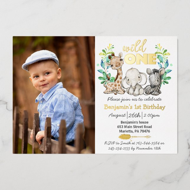 Safari Wild One Photo Real Gold Foil Invitation (Front)