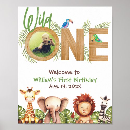 Safari Wild One Photo Wood First Birthday Welcome  Poster
