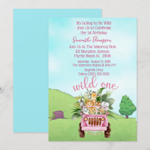 Safari Wild One Pink Girls Birthday Party     Invitation