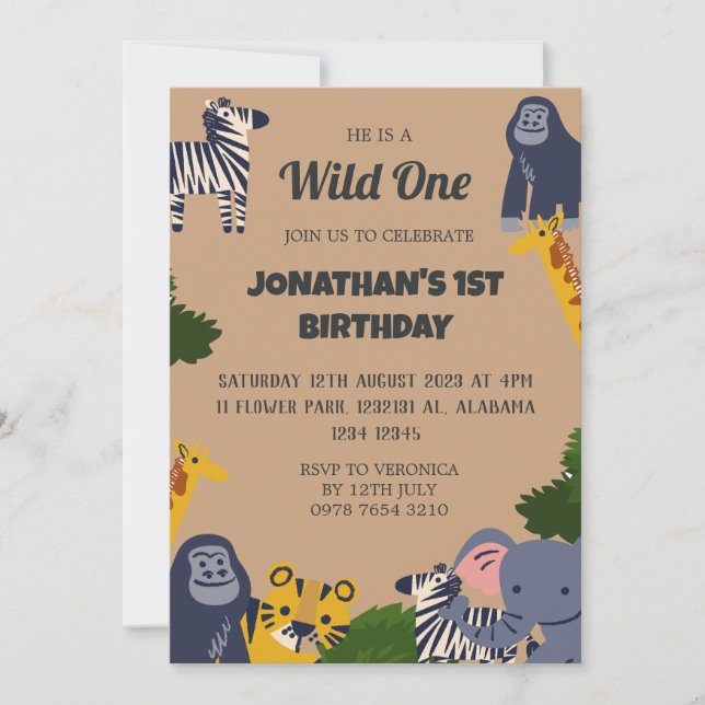 Safari Wild one Simple Cute First Birthday Baby In Invitation (Front)
