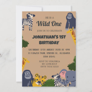 Safari Wild one Simple Cute First Birthday Baby In Invitation