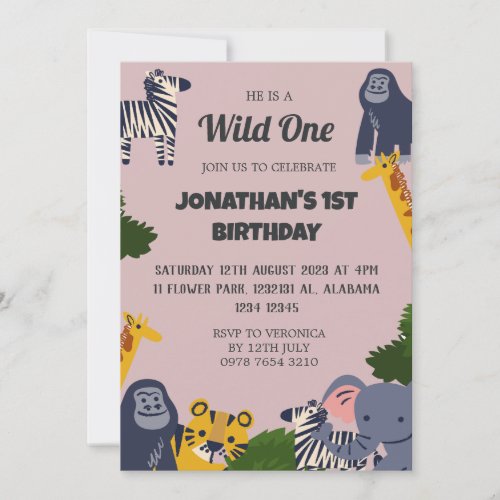 Safari Wild one Simple Cute First Birthday Baby In Invitation