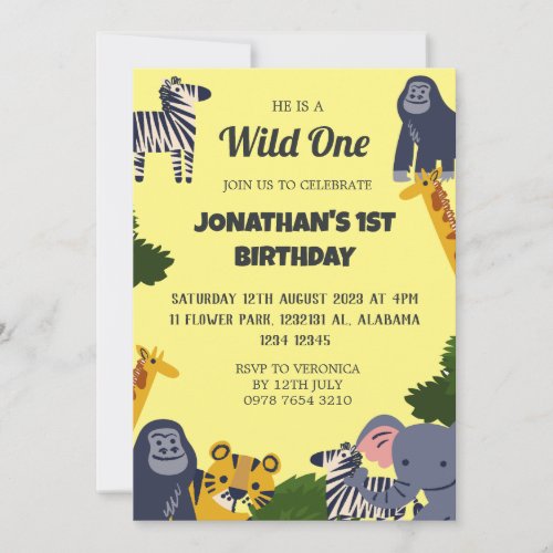 Safari Wild one Simple Cute First Birthday Baby In Invitation